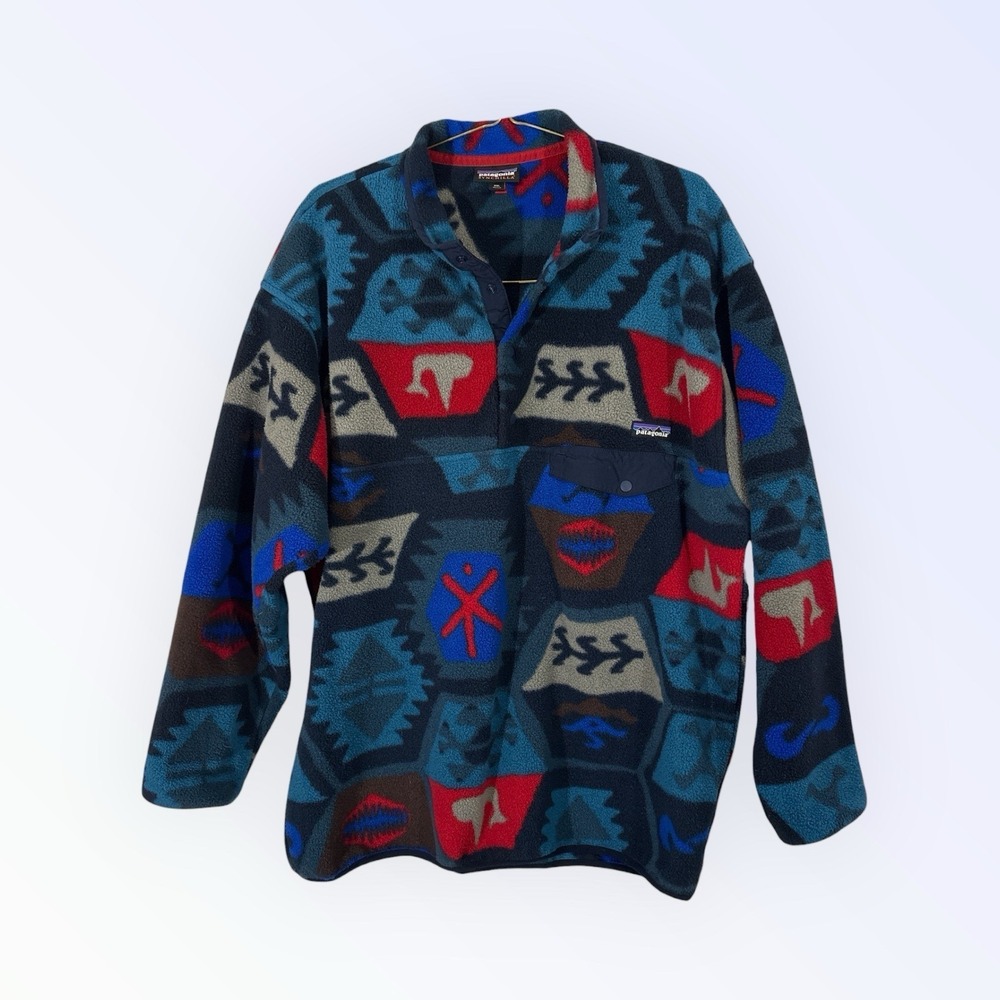PATAGONIA SYNCHILLA AZTEC AOP BLUE MULTI‎ T-SNAP SWEATER FLEECE MENS XXL